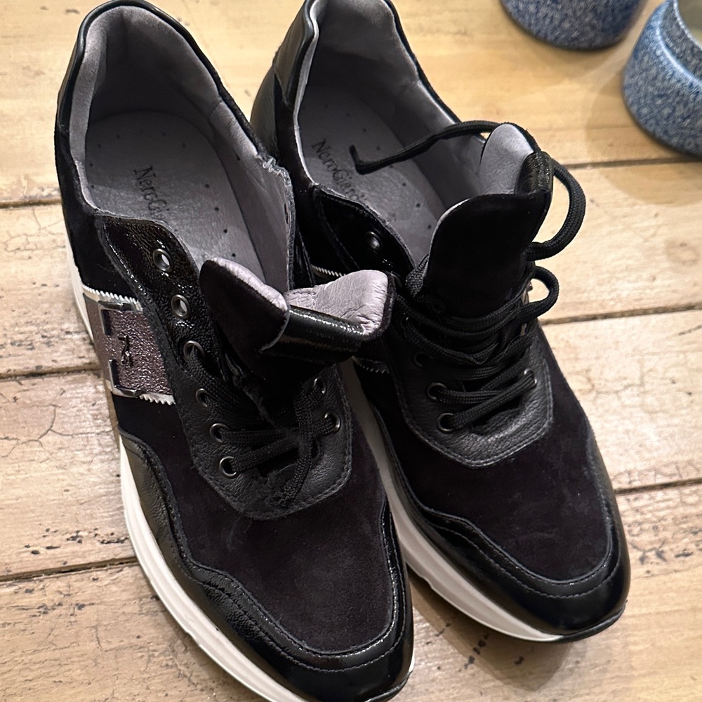 NeroGiardini mixed media sneakers. Platform wedge heel. Worn once